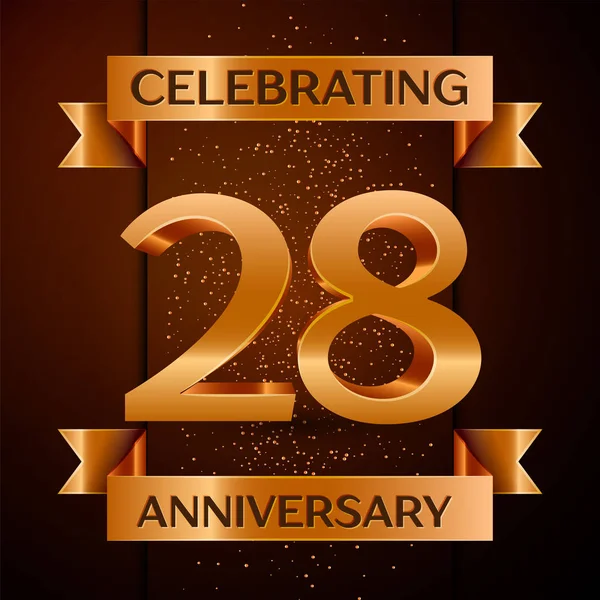 リアル 20 の 8 年周年記念デザイン バナー。黄金数、紙吹雪、茶色の背景にリボン。あなたの誕生日パーティーのためのカラフルなベクトル テンプレート要素 — ストックベクタ