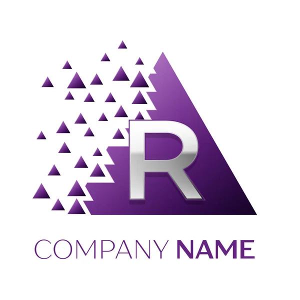 Realistic Silver Letter R logo symbol in the purple colorful pixel triangle shape with shattered blocks on white background. Vector template for your design — Stock Vector