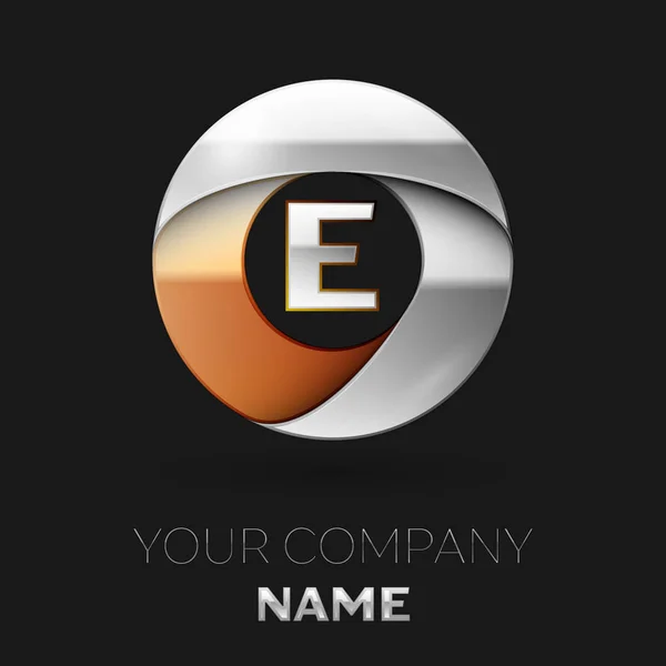 Realistické stříbrné písmeno E logo symbol ve tvaru barevné stříbro zlatý kruh na černém pozadí. Vektor šablona pro návrh — Stockový vektor