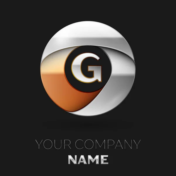 Символ логотипа - серебристая буква G в цветной серебристо-золотой форме круга на черном фоне. Векторный шаблон для Вашего дизайна — стоковый вектор