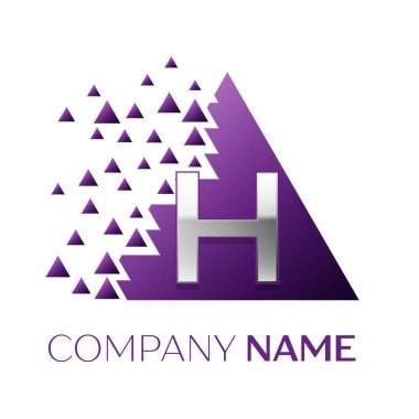 Gerçekçi gümüş H harfi logo simgesi beyaz arka plan üzerinde paramparça bloklarla mor renkli piksel üçgen şeklinde. Tasarımınız için vektör şablonu