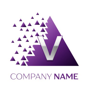 Gerçekçi gümüş harf V logo simgesi beyaz arka plan üzerinde paramparça bloklarla mor renkli piksel üçgen şeklinde. Tasarımınız için vektör şablonu