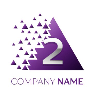 Gerçekçi gümüş iki numara logo simgesi beyaz arka plan üzerinde paramparça bloklarla mor renkli piksel üçgen şeklinde. Tasarımınız için vektör şablonu