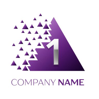 Gerçekçi gümüş bir logo simgesi beyaz arka plan üzerinde paramparça bloklarla mor renkli piksel üçgen şeklinde. Tasarımınız için vektör şablonu