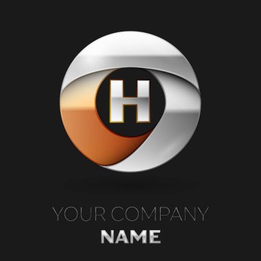 Gerçekçi gümüş H harfi logo sembol siyah arka plan üzerinde renkli gümüş-altın çember şeklinde. Tasarımınız için vektör şablonu