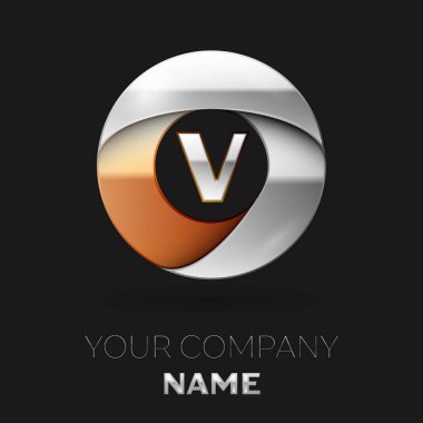 Gerçekçi gümüş harf V logo sembol siyah arka plan üzerinde renkli gümüş-altın çember şeklinde. Tasarımınız için vektör şablonu