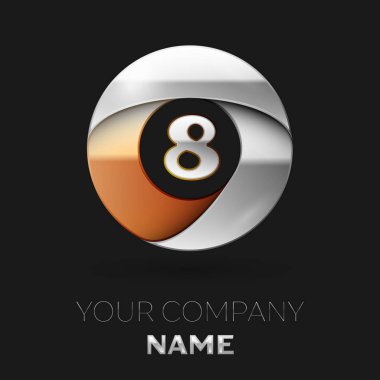 Gerçekçi gümüş sekiz numara logo sembol siyah arka plan üzerinde renkli gümüş-altın çember şeklinde. Tasarımınız için vektör şablonu