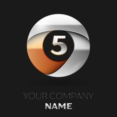 Gerçekçi gümüş beş numara logo sembol siyah arka plan üzerinde renkli gümüş-altın çember şeklinde. Tasarımınız için vektör şablonu