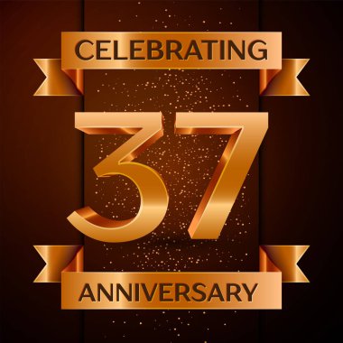 Gerçekçi otuz yedi yıl yıldönümü kutlamaları tasarım afiş. Altın sayı, konfeti ve şerit kahverengi zemin üzerinde. Doğum günü partin için renkli vektör şablon öğeleri