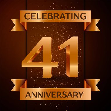 Gerçekçi kırk bir yıl yıldönümü kutlamaları tasarım afiş. Altın sayı, konfeti ve şerit kahverengi zemin üzerinde. Doğum günü partin için renkli vektör şablon öğeleri