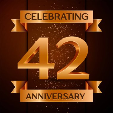 Gerçekçi kırk iki yıl yıldönümü kutlamaları tasarım afiş. Altın sayı, konfeti ve şerit kahverengi zemin üzerinde. Doğum günü partin için renkli vektör şablon öğeleri