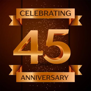 Gerçekçi kırk beş yıl yıldönümü kutlamaları tasarım afiş. Altın sayı, konfeti ve şerit kahverengi zemin üzerinde. Doğum günü partin için renkli vektör şablon öğeleri