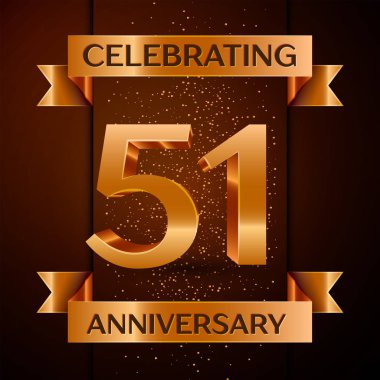 Gerçekçi elli bir yıl yıldönümü kutlamaları tasarım afiş. Altın sayı, konfeti ve şerit kahverengi zemin üzerinde. Doğum günü partin için renkli vektör şablon öğeleri