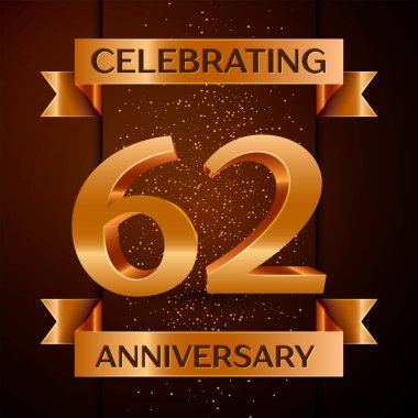 Gerçekçi altmış iki yıl yıldönümü kutlamaları tasarım afiş. Altın sayı, konfeti ve şerit kahverengi zemin üzerinde. Doğum günü partin için renkli vektör şablon öğeleri