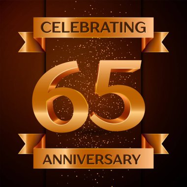 Gerçekçi altmış beş yıl yıldönümü kutlamaları tasarım afiş. Altın sayı, konfeti ve şerit kahverengi zemin üzerinde. Doğum günü partin için renkli vektör şablon öğeleri