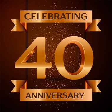 Gerçekçi kırk yıl yıldönümü kutlamaları tasarım afiş. Altın sayı, konfeti ve şerit kahverengi zemin üzerinde. Doğum günü partin için renkli vektör şablon öğeleri