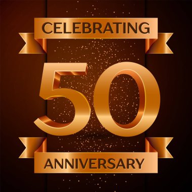 Gerçekçi elli yıl yıldönümü kutlamaları tasarım afiş. Altın sayı, konfeti ve şerit kahverengi zemin üzerinde. Doğum günü partin için renkli vektör şablon öğeleri