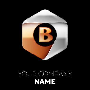 Gerçekçi altın mektup B logo sembol siyah arka plan üzerinde renkli gümüş-altın altıgen şeklinde. Tasarımınız için vektör şablonu