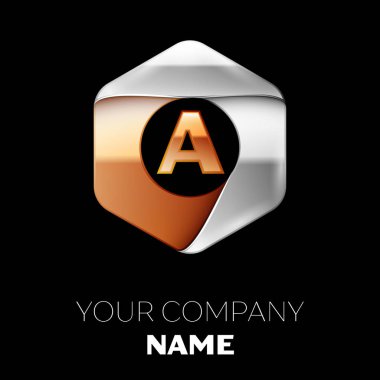 Gerçekçi altın harf logo sembol siyah arka plan üzerinde renkli gümüş-altın altıgen şeklinde. Tasarımınız için vektör şablonu