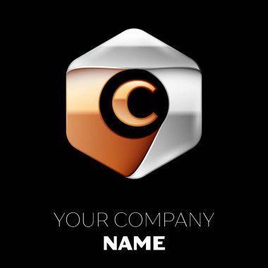 Gerçekçi altın harfi C logo sembol siyah arka plan üzerinde renkli gümüş-altın altıgen şeklinde. Tasarımınız için vektör şablonu