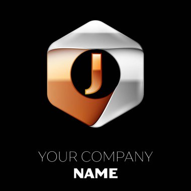 Gerçekçi altın harf J logo sembol siyah arka plan üzerinde renkli gümüş-altın altıgen şeklinde. Tasarımınız için vektör şablonu