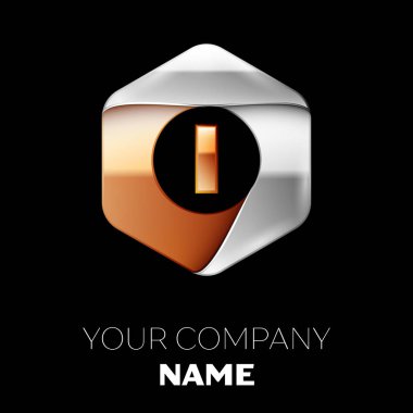 Gerçekçi altın harf ı logo sembol siyah arka plan üzerinde renkli gümüş-altın altıgen şeklinde. Tasarımınız için vektör şablonu