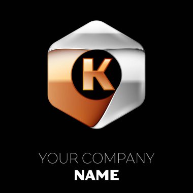 Gerçekçi altın harf K logo sembol siyah arka plan üzerinde renkli gümüş-altın altıgen şeklinde. Tasarımınız için vektör şablonu