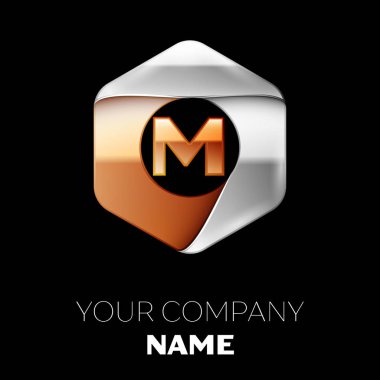 Gerçekçi altın harf M logo sembol siyah arka plan üzerinde renkli gümüş-altın altıgen şeklinde. Tasarımınız için vektör şablonu
