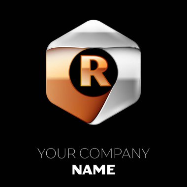 Gerçekçi altın harf R logo sembol siyah arka plan üzerinde renkli gümüş-altın altıgen şeklinde. Tasarımınız için vektör şablonu