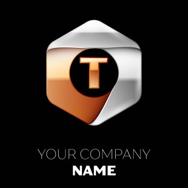 Gerçekçi altın T harfi logo sembol siyah arka plan üzerinde renkli gümüş-altın altıgen şeklinde. Tasarımınız için vektör şablonu