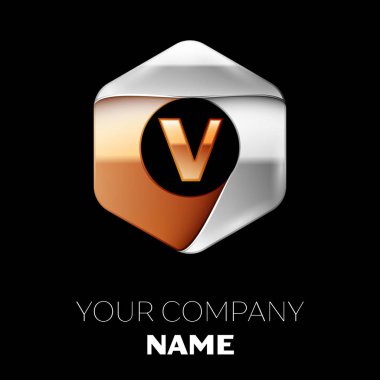 Gerçekçi altın harf V logo sembol siyah arka plan üzerinde renkli gümüş-altın altıgen şeklinde. Tasarımınız için vektör şablonu