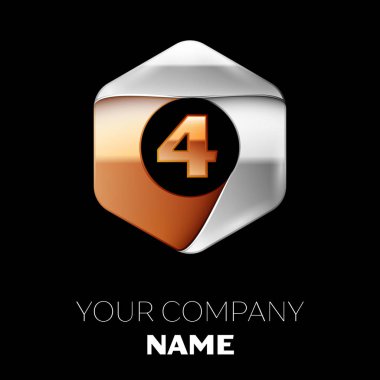 Gerçekçi dört numara harf logo sembol siyah arka plan üzerinde renkli gümüş-altın altıgen şeklinde. Tasarımınız için vektör şablonu