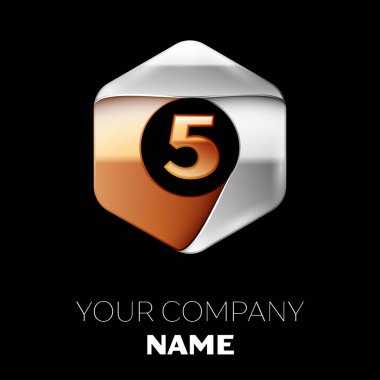 Gerçekçi beş numara harf logo sembol siyah arka plan üzerinde renkli gümüş-altın altıgen şeklinde. Tasarımınız için vektör şablonu