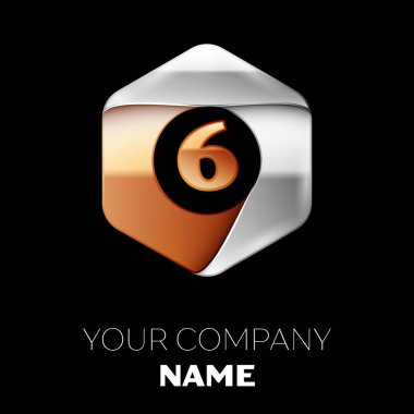Gerçekçi altı numara harf logo sembol siyah arka plan üzerinde renkli gümüş-altın altıgen şeklinde. Tasarımınız için vektör şablonu