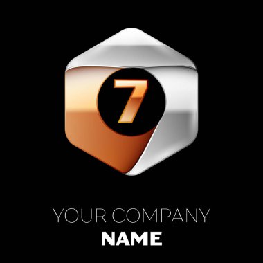 Gerçekçi yedi numara harf logo sembol siyah arka plan üzerinde renkli gümüş-altın altıgen şeklinde. Tasarımınız için vektör şablonu