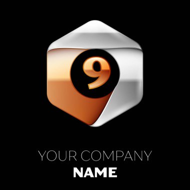 Gerçekçi numarası mektup dokuz logo sembol siyah arka plan üzerinde renkli gümüş-altın altıgen şeklinde. Tasarımınız için vektör şablonu