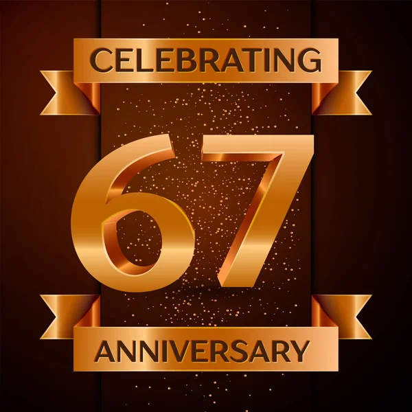 Gerçekçi altmış yedi yıl yıldönümü kutlamaları tasarım afiş. Altın sayı, konfeti ve şerit kahverengi zemin üzerinde. Doğum günü partin için renkli vektör şablon öğeleri