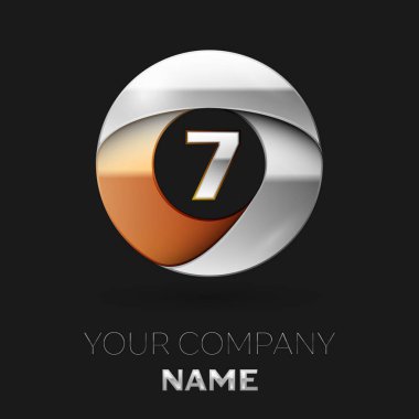 Gerçekçi gümüş yedi numara logo sembol siyah arka plan üzerinde renkli gümüş-altın çember şeklinde. Tasarımınız için vektör şablonu