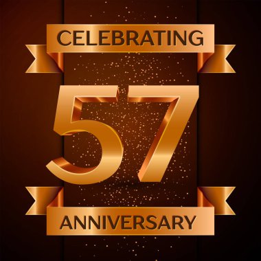 Gerçekçi elli yedi yıl yıldönümü kutlamaları tasarım afiş. Altın sayı, konfeti ve şerit kahverengi zemin üzerinde. Doğum günü partin için renkli vektör şablon öğeleri