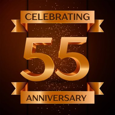 Gerçekçi elli beş yıl yıldönümü kutlamaları tasarım afiş. Altın sayı, konfeti ve şerit kahverengi zemin üzerinde. Doğum günü partin için renkli vektör şablon öğeleri