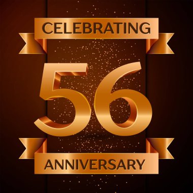 Gerçekçi elli altı yıl yıldönümü kutlamaları tasarım afiş. Altın sayı, konfeti ve şerit kahverengi zemin üzerinde. Doğum günü partin için renkli vektör şablon öğeleri