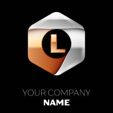 Gerçekçi altın L harfi logo sembol siyah arka plan üzerinde renkli gümüş-altın altıgen şeklinde. Tasarımınız için vektör şablonu