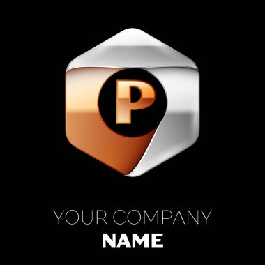 Gerçekçi altın harf P logo sembol siyah arka plan üzerinde renkli gümüş-altın altıgen şeklinde. Tasarımınız için vektör şablonu