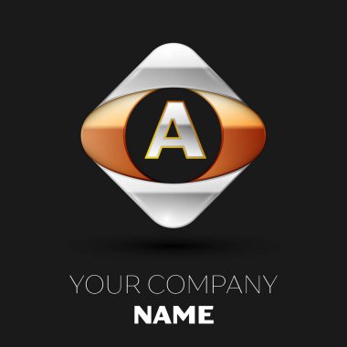 Gerçekçi gümüş harf logo sembol siyah arka plan üzerinde renkli altın-gümüş kare şeklinde. Tasarımınız için vektör şablonu