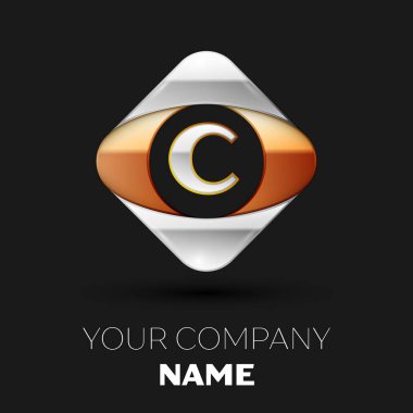 Gerçekçi gümüş harf C logo sembol siyah arka plan üzerinde renkli altın-gümüş kare şeklinde. Tasarımınız için vektör şablonu