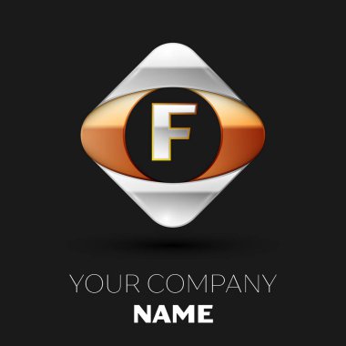 Gerçekçi gümüş harf F logo sembol siyah arka plan üzerinde renkli altın-gümüş kare şeklinde. Tasarımınız için vektör şablonu