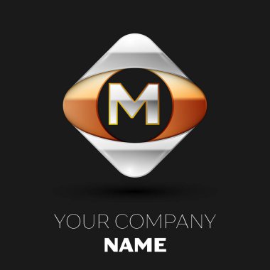 Gerçekçi gümüş harf M logo sembol siyah arka plan üzerinde renkli altın-gümüş kare şeklinde. Tasarımınız için vektör şablonu