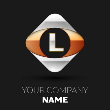 Gerçekçi gümüş harf L logo sembol siyah arka plan üzerinde renkli altın-gümüş kare şeklinde. Tasarımınız için vektör şablonu