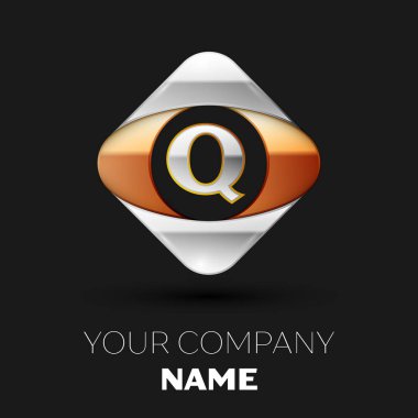 Gerçekçi gümüş harf Q logo sembol siyah arka plan üzerinde renkli altın-gümüş kare şeklinde. Tasarımınız için vektör şablonu
