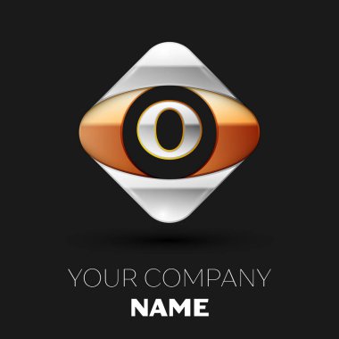 Gerçekçi gümüş harf O logo sembol siyah arka plan üzerinde renkli altın-gümüş kare şeklinde. Tasarımınız için vektör şablonu